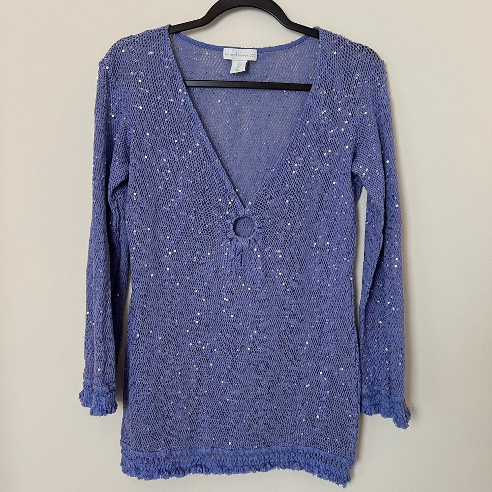 House of Harlow Periwinkle Low Cut V Neckline Knit Sequin Crochet Tunic Small